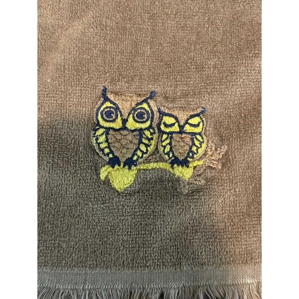 Martex Owl Hand‎ Towel Vintage Brown Cotton Fringe 11x17 Embroidered 70s
